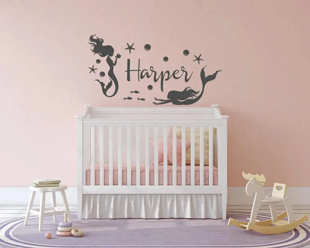 

Custom Mermaid Kids Name Wall Stickers Nursery Décor Mermaid With Bubbles Vinyl Wall Decals Girls Sea Ocean Style Murals