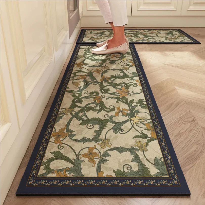 VIKAMA Vintage  Kitchen Crystal Velvet Floor Mat, Water-Absorbing, Oil-Absorbing, Anti-Slip, No-Clean L-Shaped Carpet, Home Deco