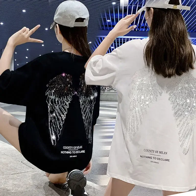 Top Female Glitter Baggy Women\'s T-shirt Sequin Summer Outfit Rhinestone Graphic White 2025 High Quality Kpop Yk2 Korean Sale