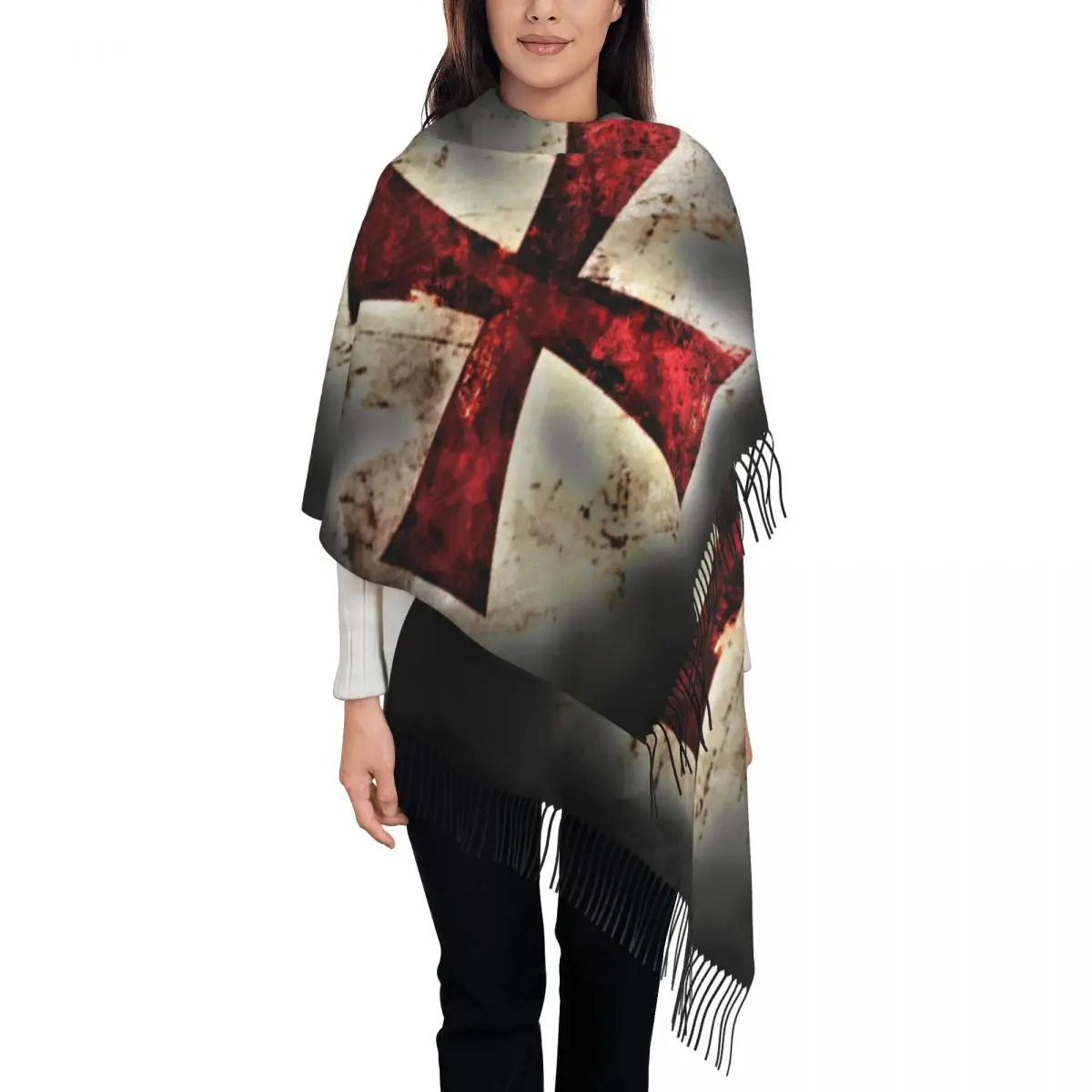 Luxury Knights Templar Cross Tassel Scarf Women Winter Warm Shawl Wrap Female Medieval Emblem Scarves