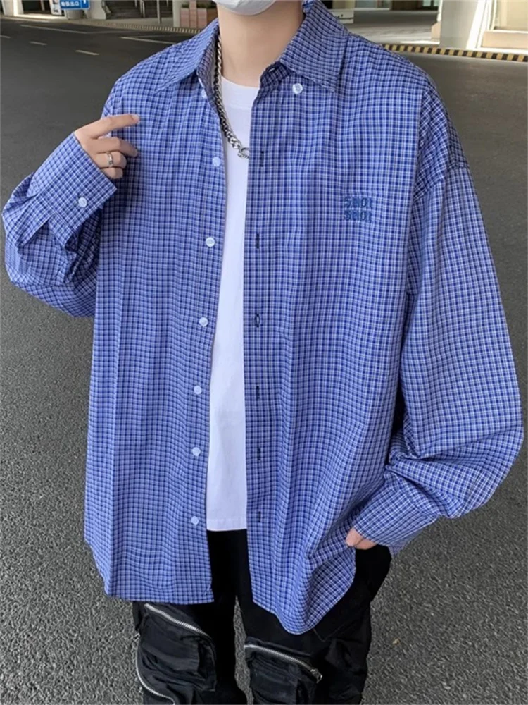 

Blue Plaid Long Sleeve Casual Shirt Men's Loose Fit Lazy Style Streetwear Autumn Season Fashionable Youth Clothing