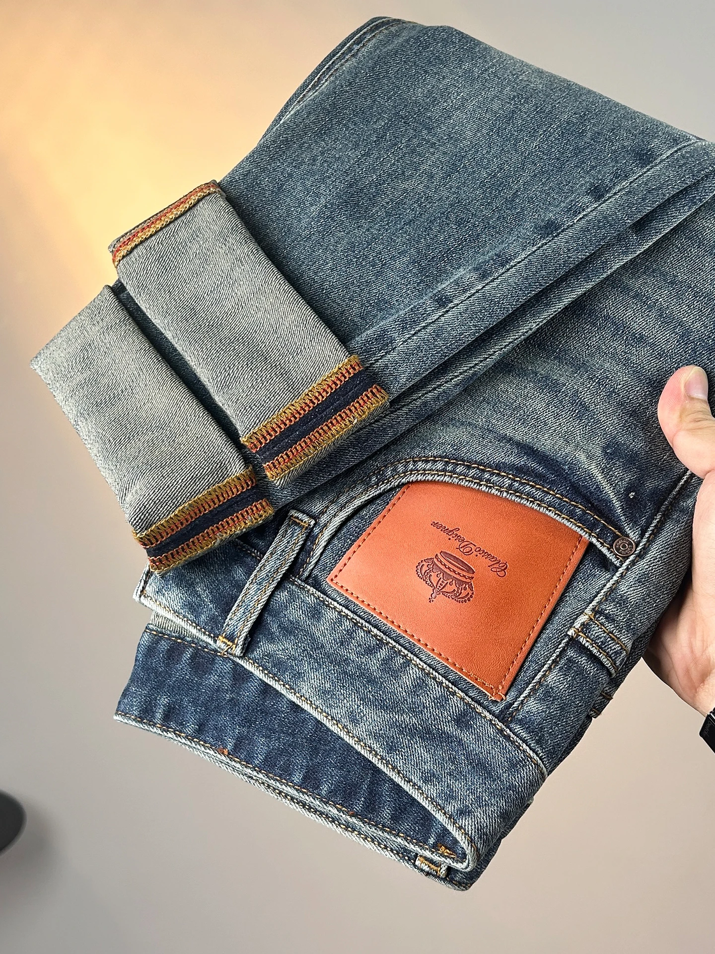 

High-Quality Slim Fit Straight Leg Men's Jeans Comfortable Elastic Casual Long Pants Blue Cotton Stretch Denim mid Waist Zipper