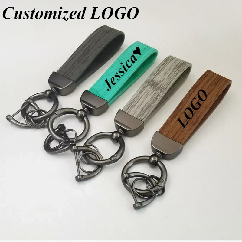 Customized LOGO Car Key Ring Wood Grain PU Leather Keychain High-end Key Chain Keyring Men and Women Key Chain Gift Wholesale