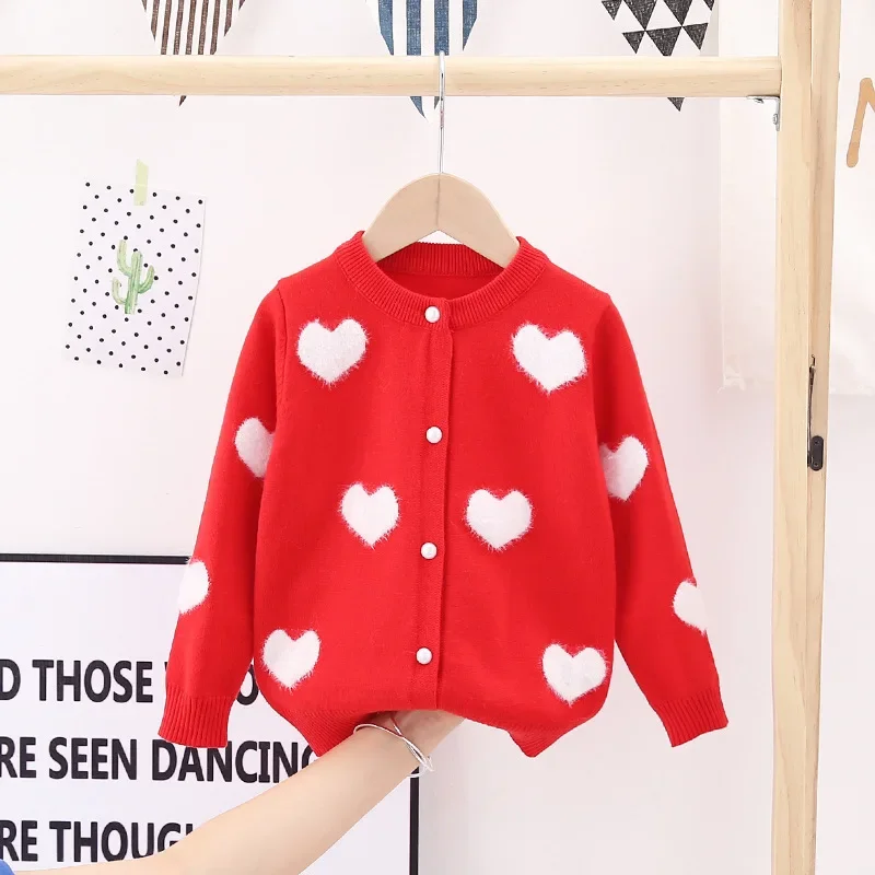 Kimber children's clothing girls imitation mink love jacquard cardigan 23 autumn new top baby round neck core yarn sweater