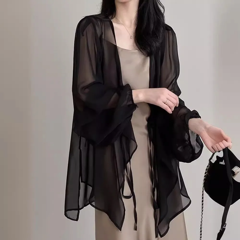 Solid Color Cardigan Tops Long Sleeve Open Front Chiffon Blouses Bandage Design See Through Air Weave Tops Outdoor Holiday