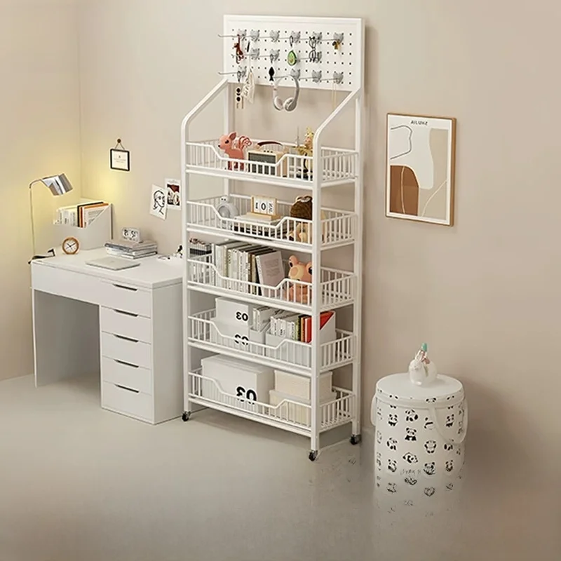 wall-mounted-mobile-bookshelf-with-wheels-iron-art-multi-functional-small-cart-storage-rack-integrated-hole-board-design