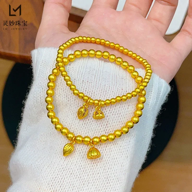 

24K AU999 Gold Lotus Seed Pod Bead Bracelet - Textured Pod Charms, High-Purity Gold, Rustic & Auspicious