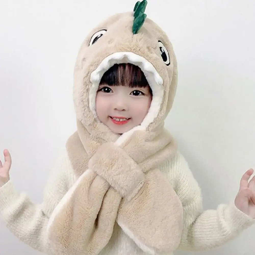 Lovely Cute Plush Hat Scarf Set Scarf Integrated Cap Windproof Ear-flap Dinosaur Baby Hat Winter Cap Bomber Hat Bonnet