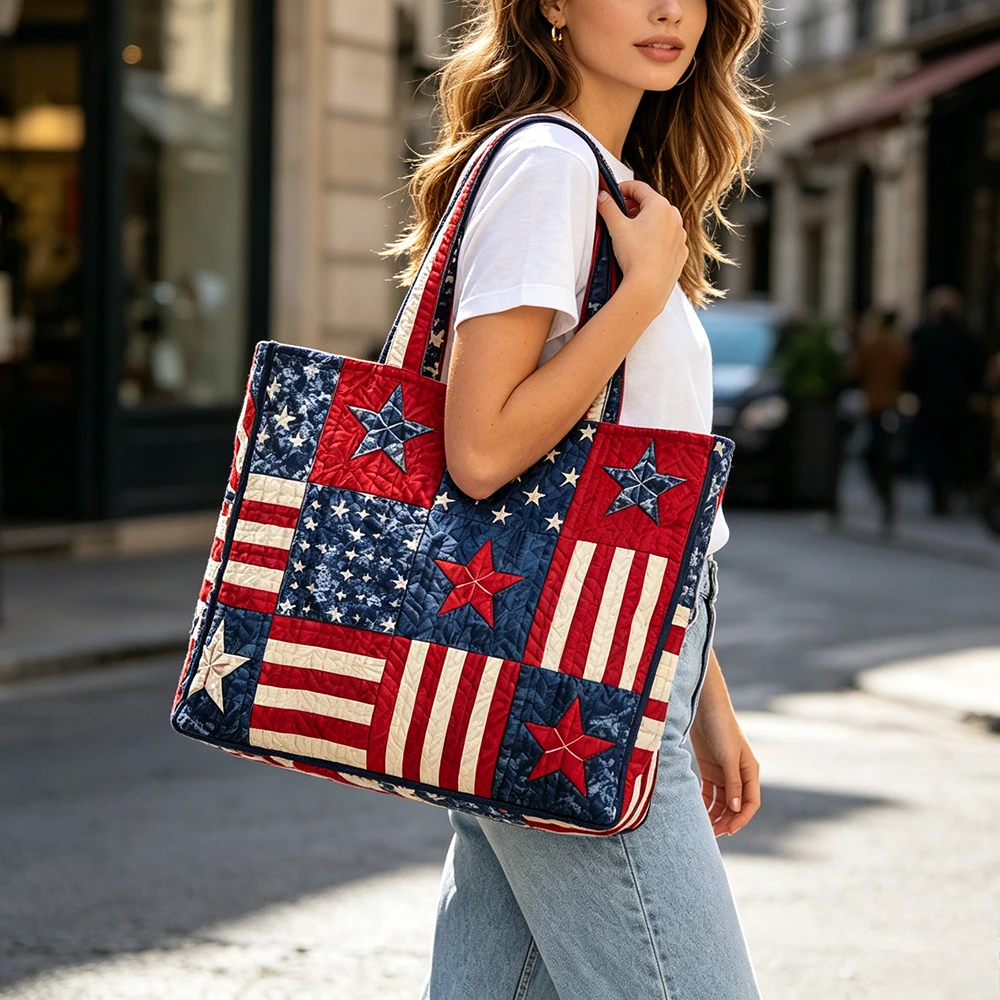 

3D Quilted Tote Bag for Women American Flag & 250th Anniversary Blooming Flowers Design Work Casual Totes Reusable Shopping Bag