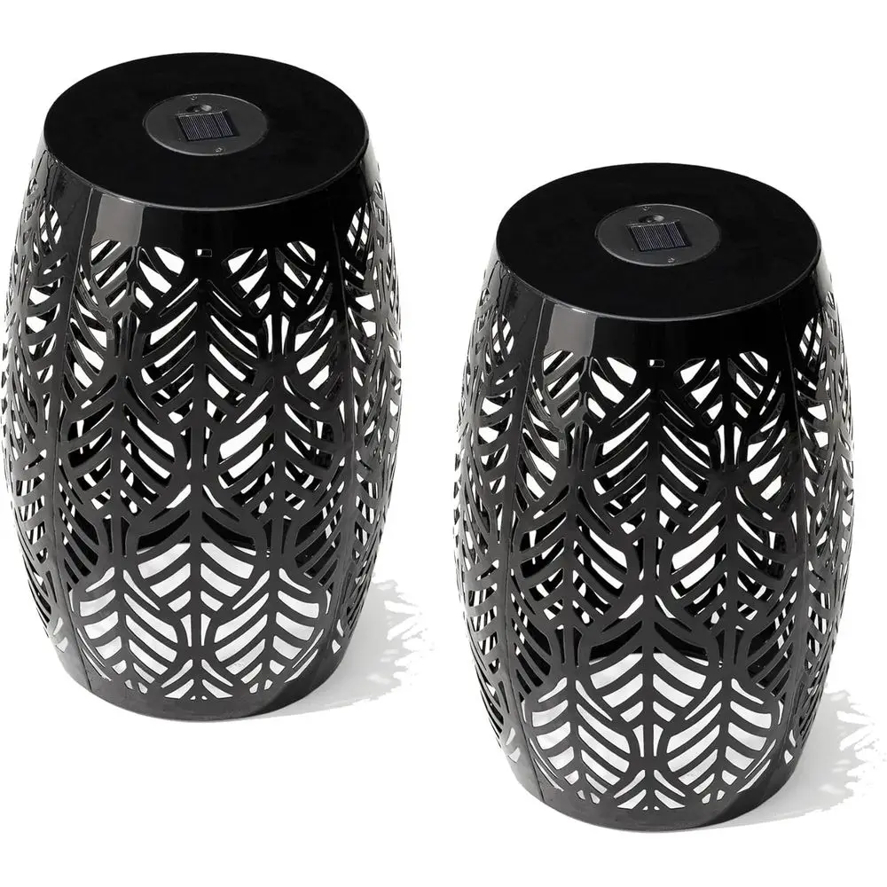 

18.25 High Iron Side Table with Built-in Light, Set of 2 Cutout Drum Silhouette Garden Stools, Decorative Metal Stand for Plante