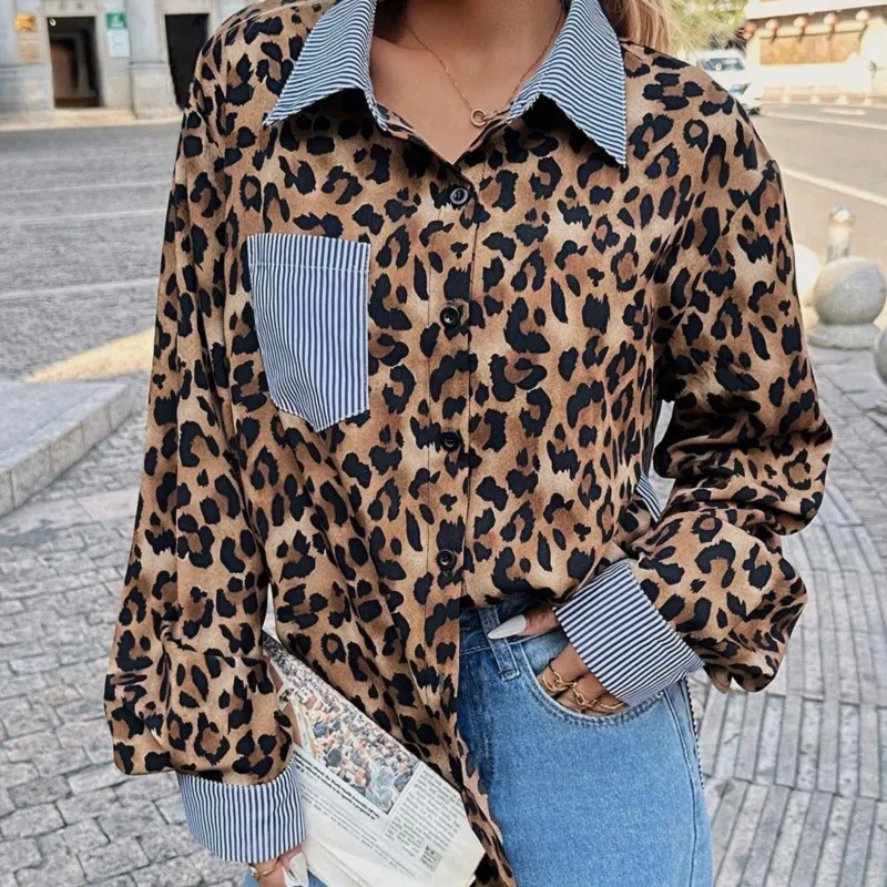 بلوزات الموضة الجديدة ليوبارد الربط فضفاضة عادية كم طويل بولو طوق قميص واحدة الصدر ركاب علوي فام الشارع الشهير