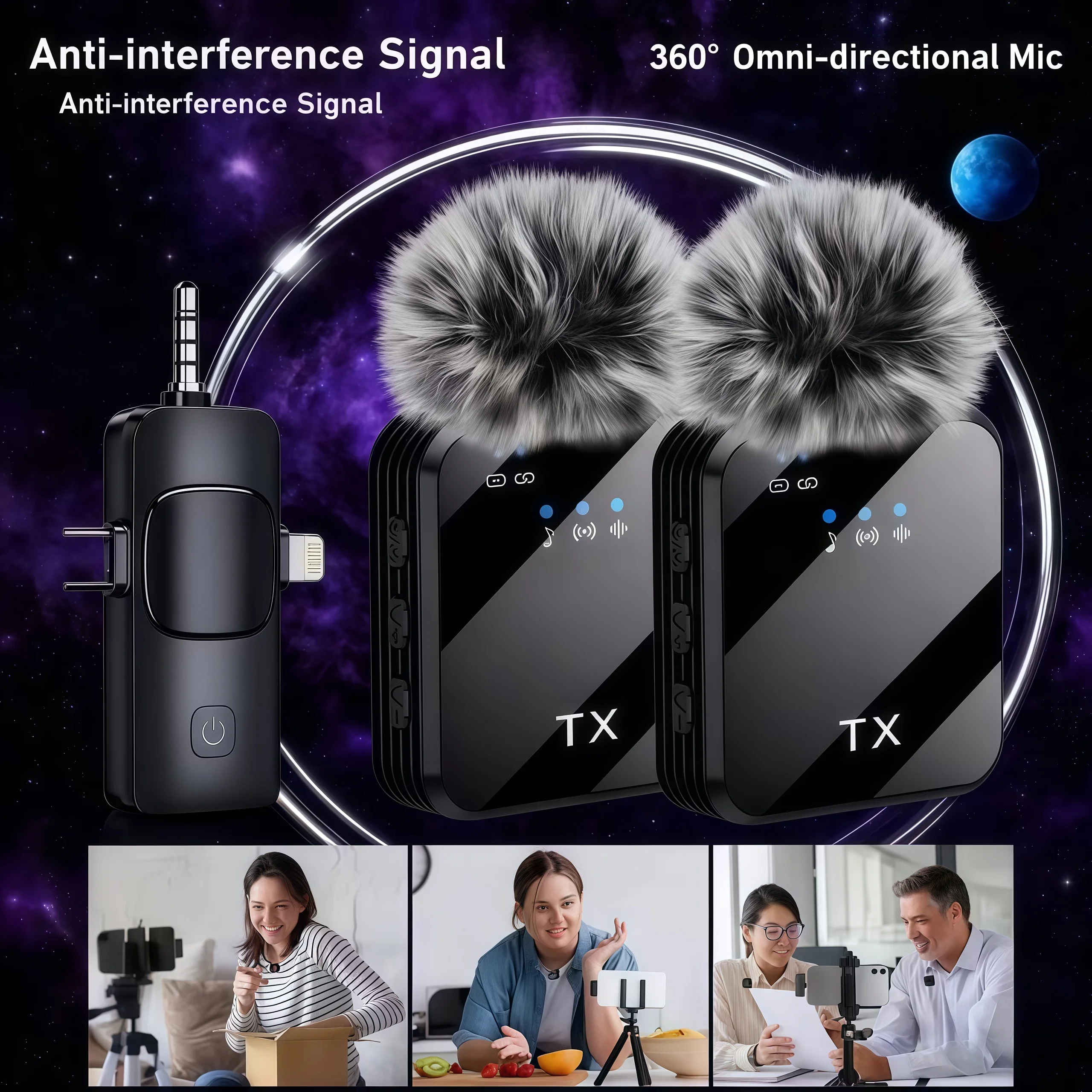 IOS/안드로이드용 3in1 마이크 무선 라발리에 마이크 비디오 녹화 소음 감소 라이브 스트리밍 클립온 마이크