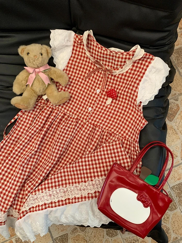 

Мини-платья в студенческом стиле в стиле Лолита Kawaii, милое платье с рукавами-крылышками и бантом в клетку, новое летнее женское свободное платье феи с рюшами для вечеринок