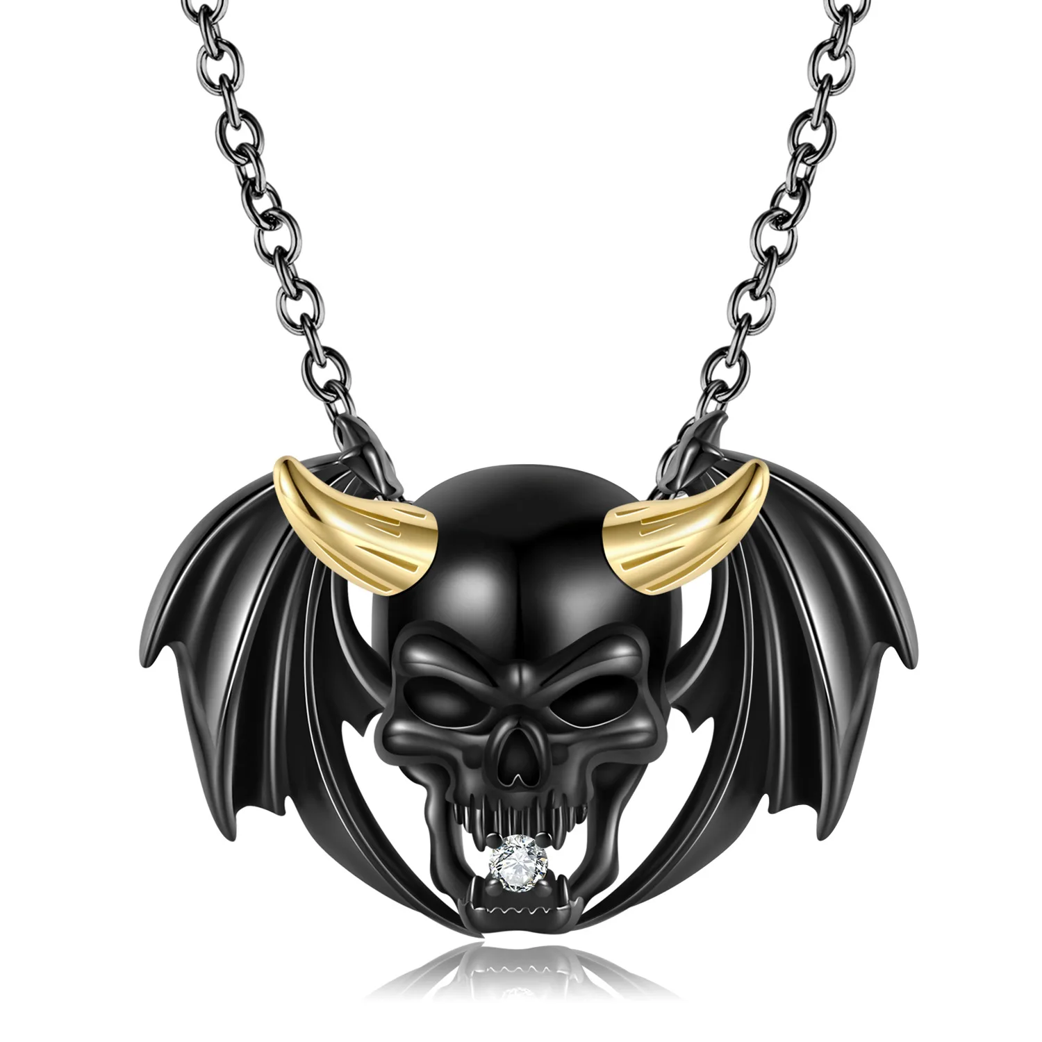 

Sterling Silver Electroplated Black Gold Demon Skull Pendant Necklace Personalized Trend Dark Style Necklace