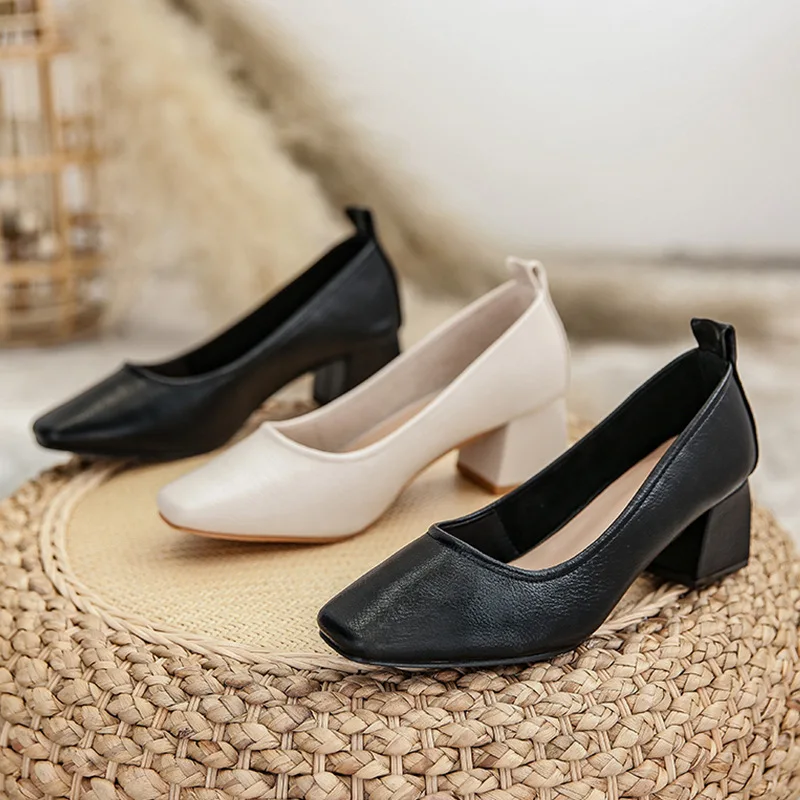 

Женские туфли на толстом каблуке, новинка 2025, женская профессиональная рабочая обувь из мягкой кожи с квадратной головкой и неглубоким носком