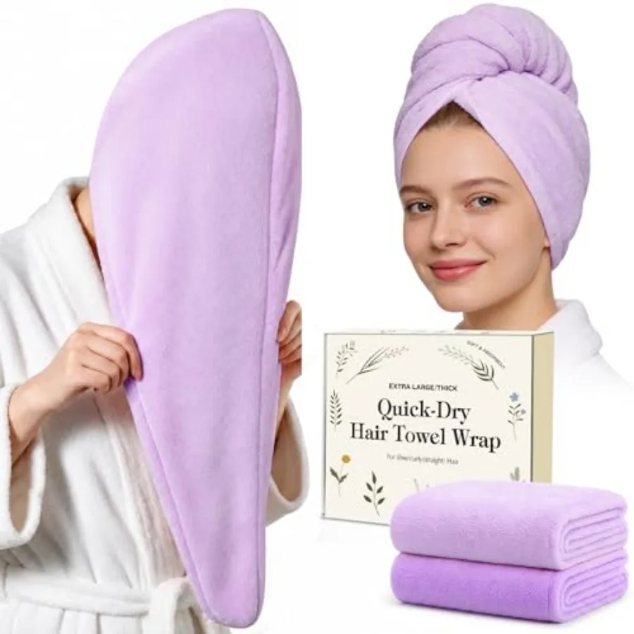 

2 Pack Microfiber Hair Towel Wrap for Women, Large Fast Drying Hair Towel Turban, Ultra Thick Anti-Frizz, Double Stitched Edges