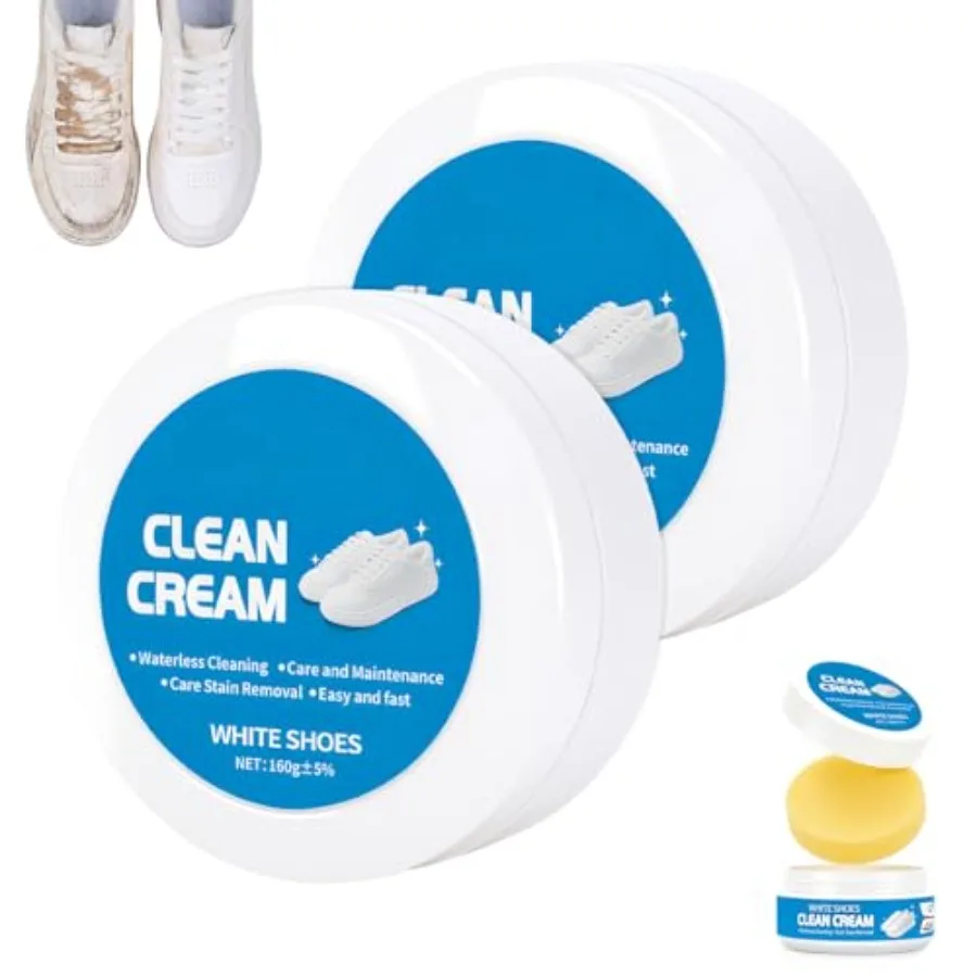 2Pcs White Shoe Cleaner Cream, Multipurpose No-Wash Solid Cleaning Paste with Sponge, White Shoe Cleaning Cream for Leather Sne