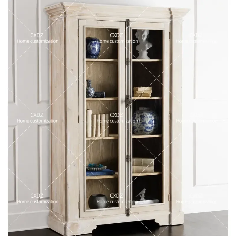 Neoclassical White Weathered Bookcase Display Cabinet Antique Style Living Room Study Furniture Custom Storage Shelf