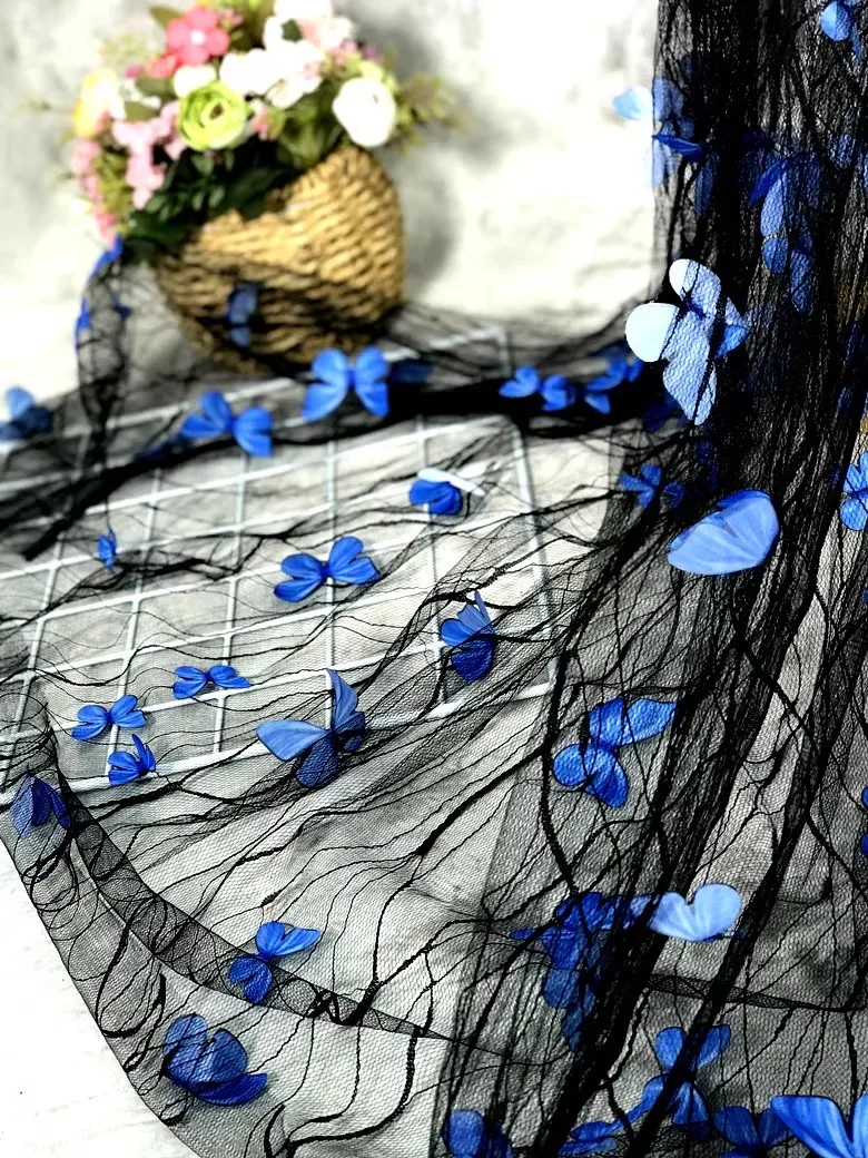 Black transparent blue 3D butterfly flower lace mesh fabric transparent wedding dress designer fabric