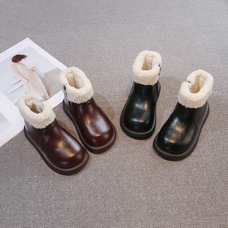Kids Short Boots Suede Warm Round Toes Girls Leather Boots Side Zipper 2026 Winter New Children Fashion Boots Soft Sole