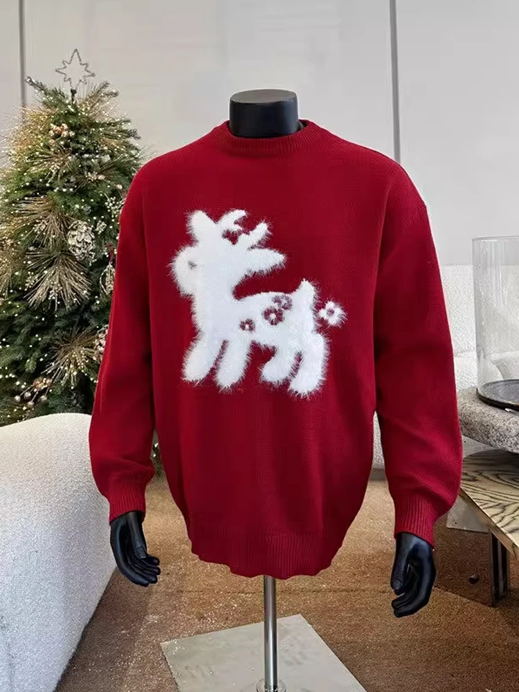 

Red Knitted Sweater round Ne Cisas Theme Winter Aosphere Men's Faionable Winter Thiened Long Sve Sweatirt