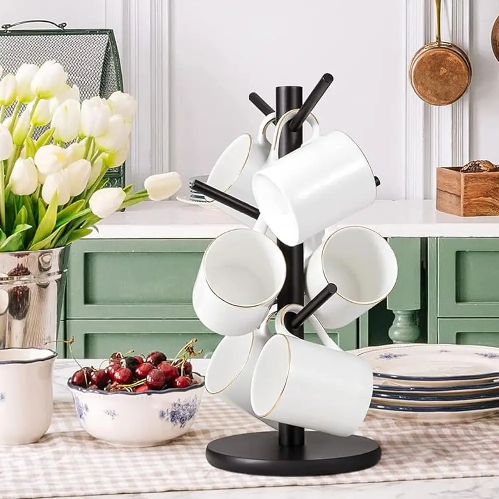 

Бамбуковый держатель для кофейной чашки с 6 крючками, утолщенное основание, деревянный материал, подставка для кофейной чашки, прочный дизайн, держатель для хранения чашек в форме дерева