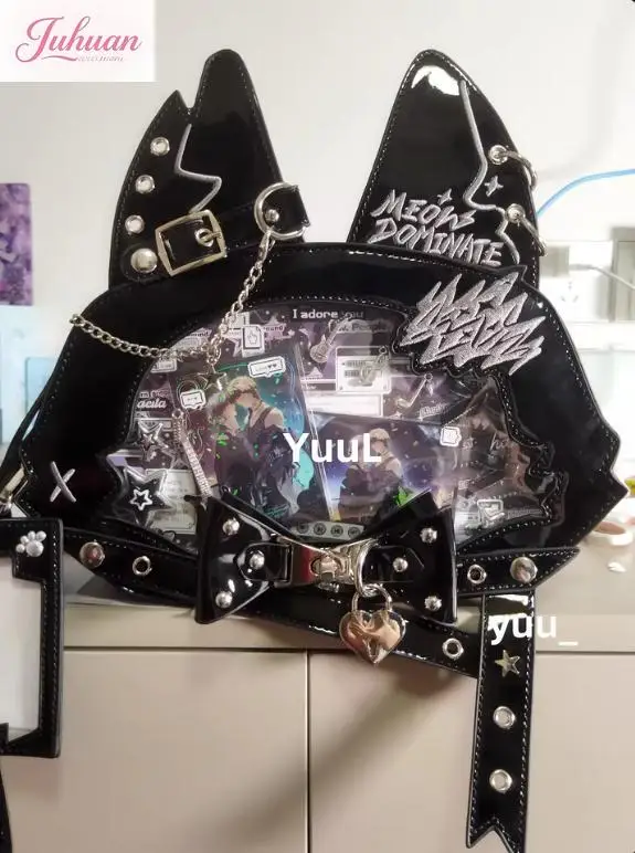Japan Second Dimension Comic-Cute Cat LtaBag Women's Shoulder Backpack Spicy Cool Girl Y2K Laser Patent Leather Oblique Span Bag