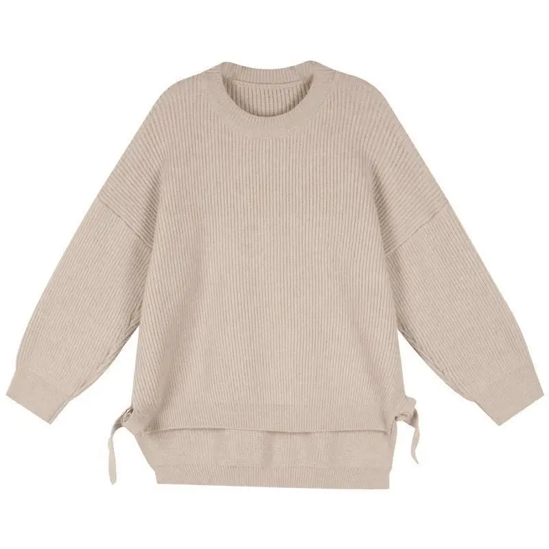 Autumn and Winter Women\'s Solid Color Pullover Round Neck Loose Side Split Long Sleeve Sweater Knit Fashion Elegant Casual Tops