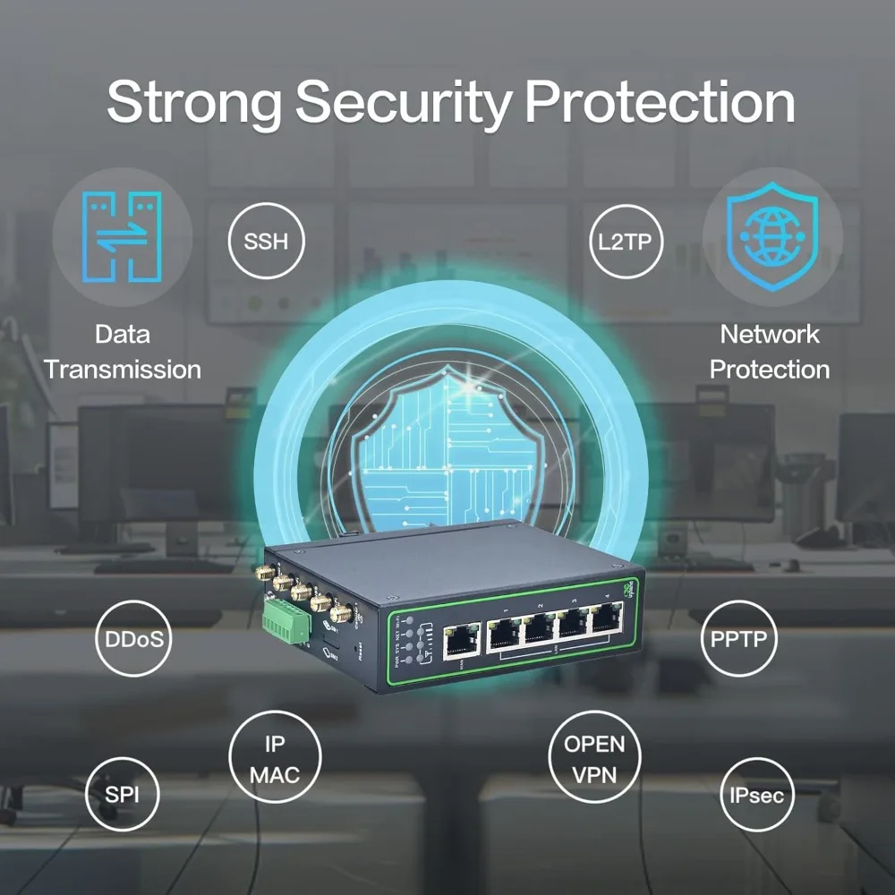جهاز توجيه IoT 4G LTE VPN صناعي بسرعة 300 ميجابت في الثانية، واي فاي، فتحات SIM مزدوجة، 5 منافذ إيثرنت، حامل Din-Rail، يدعم AT&T T-Mobile #5