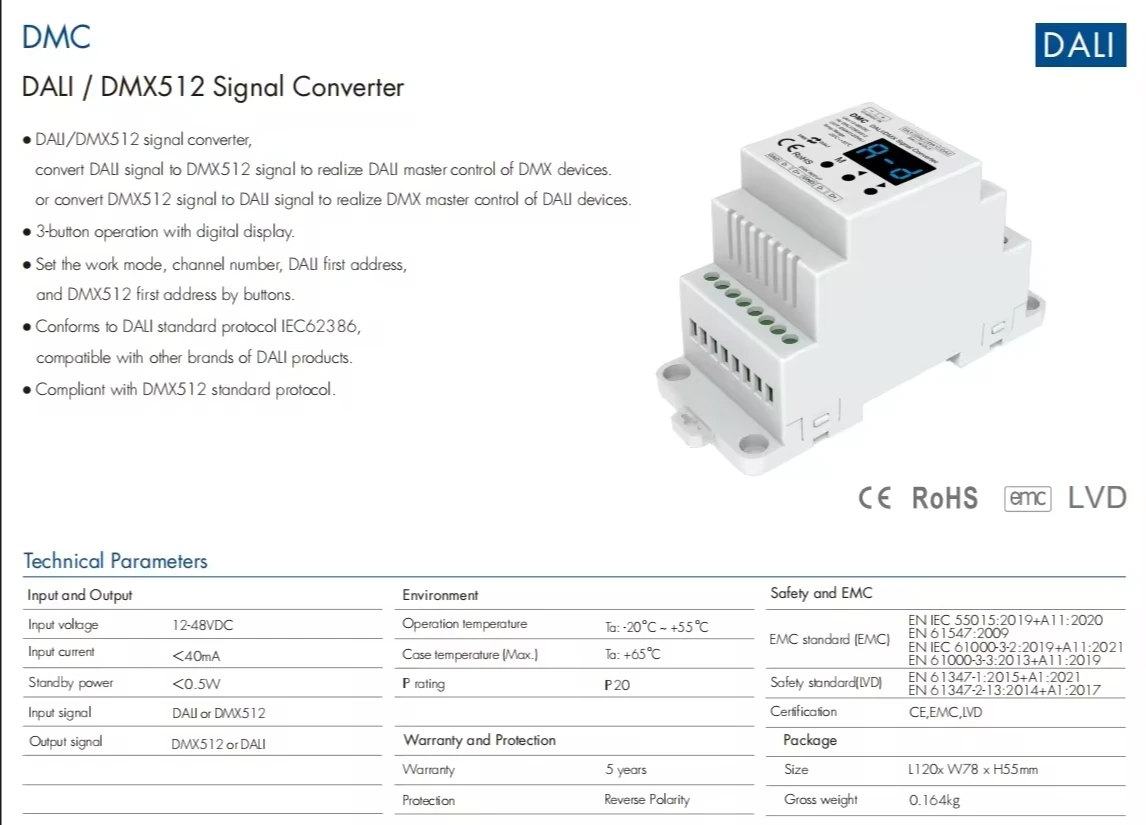 Skydance 12-48VDC DALI/DMX512 Controller convertitore di segnale DMC con Display digitale compatibile con prodotto DALI di altre marche