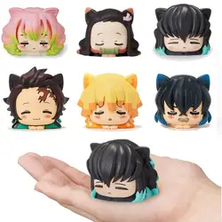 Figuras de Demon Slayer de Anime, Nezuko, Tanjirou, Zenitsu, Inosuke, Mini estatuilla, Kawaii, oreja de gato, dormir, modelo de PVC, juguetes de muñeca, 6 unids/set