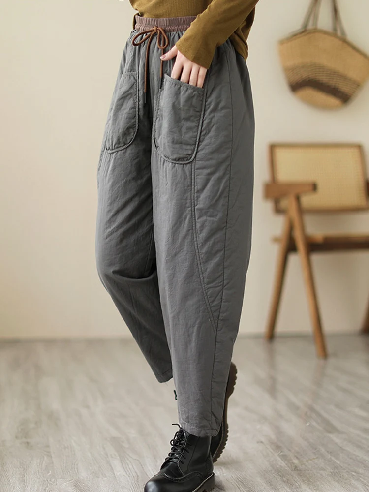 Fashion Quilted Harem Pants for Women 2024 New Winter Casual Loose Cotton-Padded Wide Leg Pants Windproof Mommy Trousers