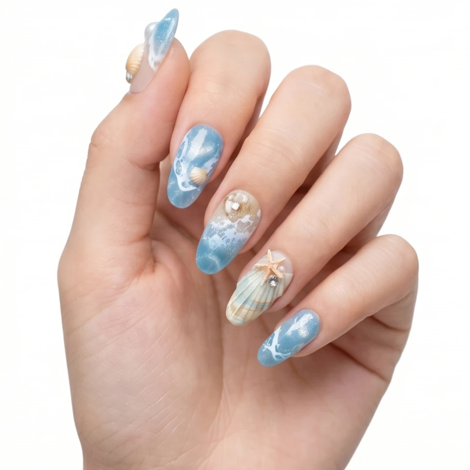 10 uñas press-on con ola oceánica 3D, azul y nude playa, con concha y estrella de mar, brillantina, para verano 6