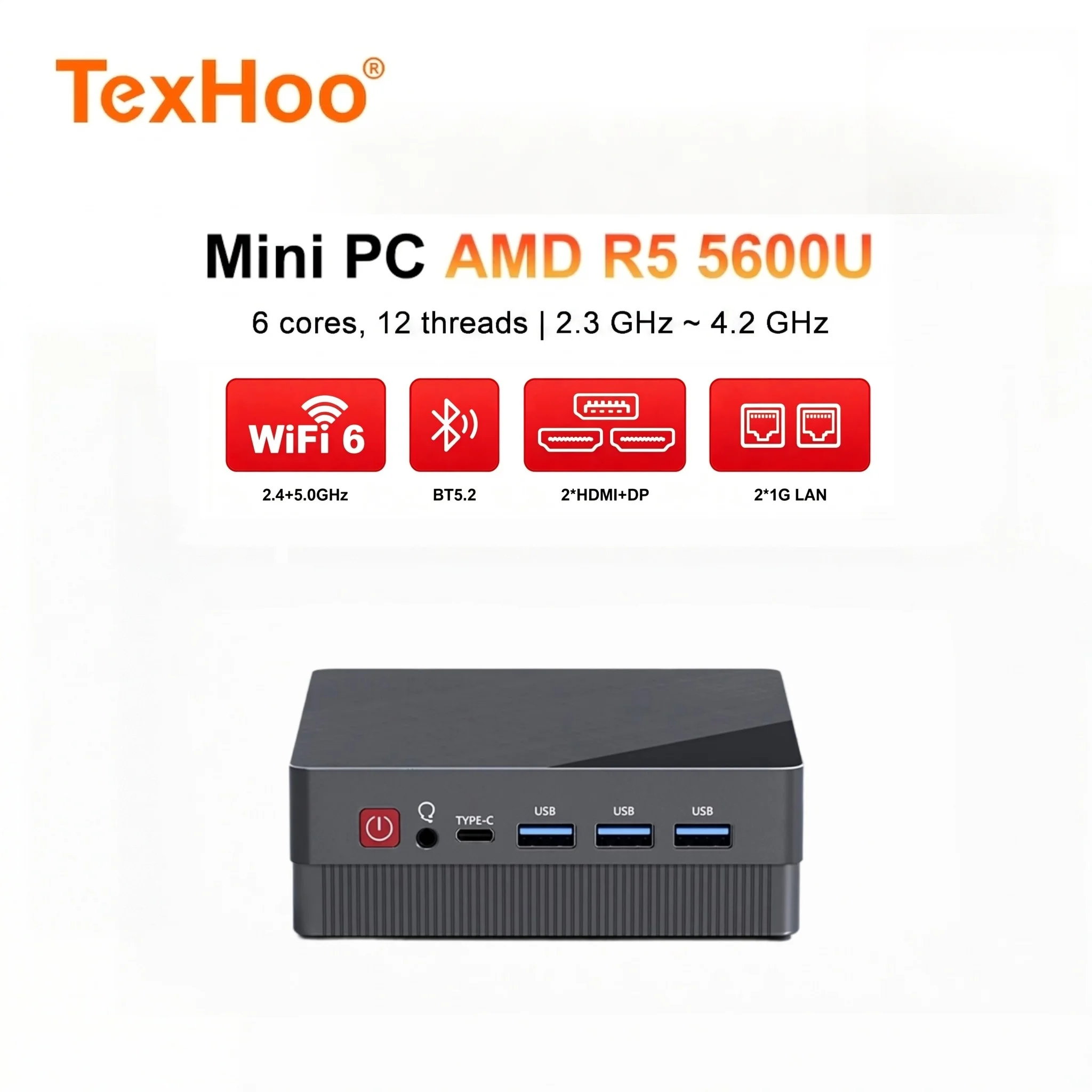 TexHoo Mini PC Ryzen 5 5600U 6C/12T Triple Display 16G 256G DP+2xHDMI Dual LAN WiFi6 BT5.2 2xDDR4 Mini Desktop Computer ﻿