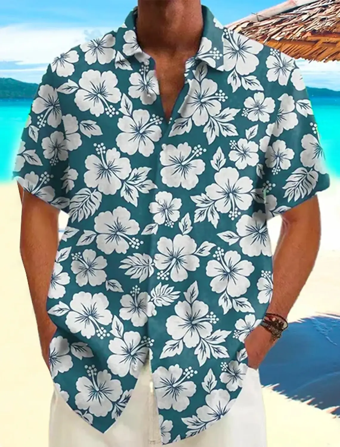 Camisa havaiana masculina, camisa casual, camisa de praia, manga curta, flor, plantas, lapela, roupas havaianas de férias, vestuário, verão