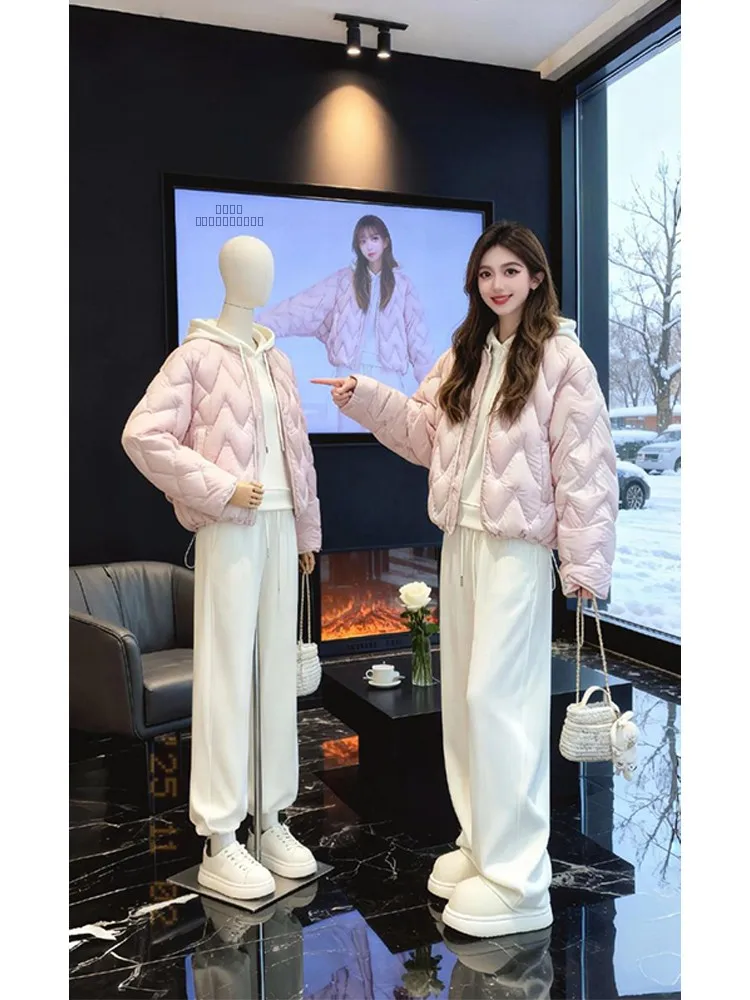 

Модный повседневный спортивный костюм для женщин: зимняя хлопковая куртка-худи и дышащие брюки с высокой талией средней плотности