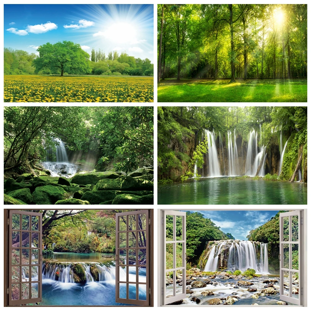 Spring Natural Scenery Photography Backdrop Green Forest Summer Waterfall Landscape Photographic Decoration Photo Background