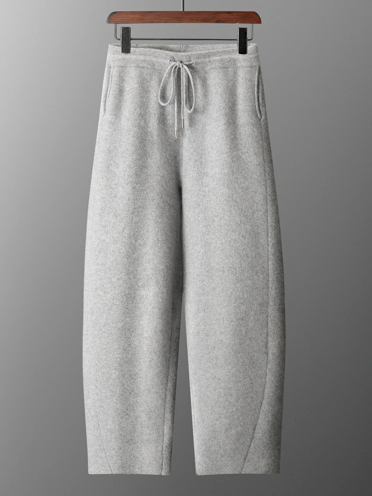 Men Wool Banana Pants Autumn Winter Loose Thicken Pencil Pants Drawstring Elastic Waist 100% Merino Wool Knitted Casual Trousers