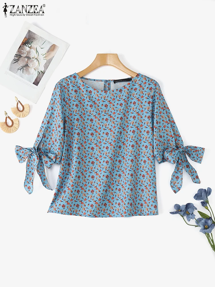 패션 블라우스 우아한 프린트 탑 패션 여성 O넥 반팔 레이스업 튜닉 캐주얼 루즈 홀 아웃 블루사 ZANZEA 2025