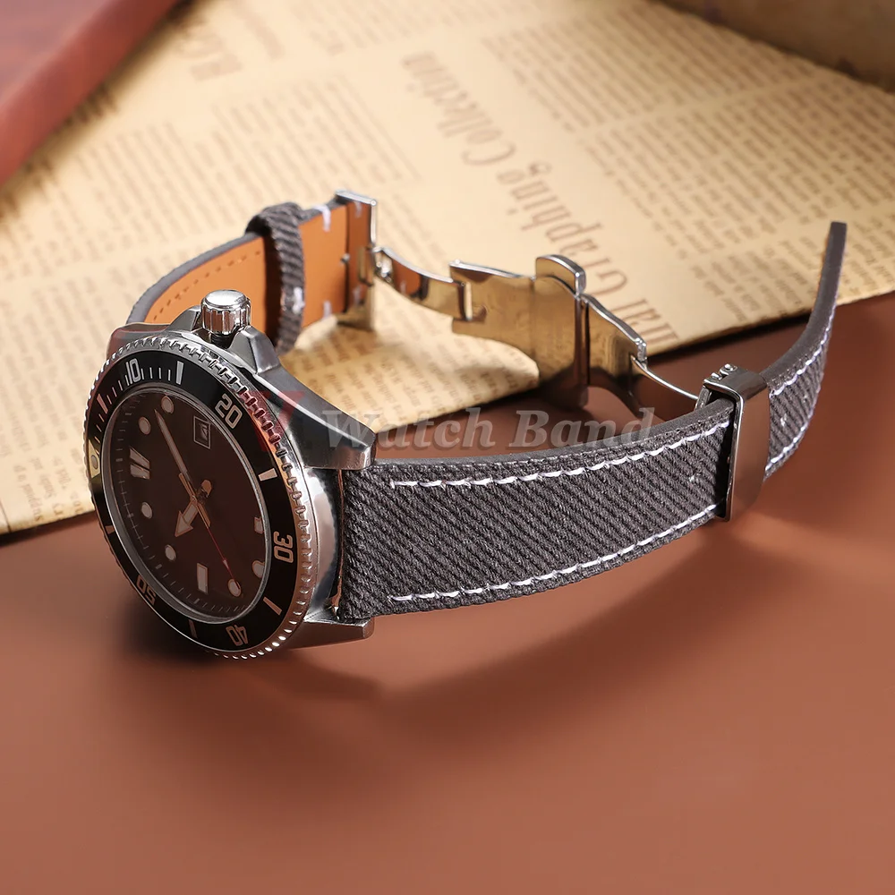 18/19/20/21/22mm Denim Sailcloth Watchband Quick Release Leather Watch Strap Butterfly Buckle Wrist Bracelet for Rolex for Omega