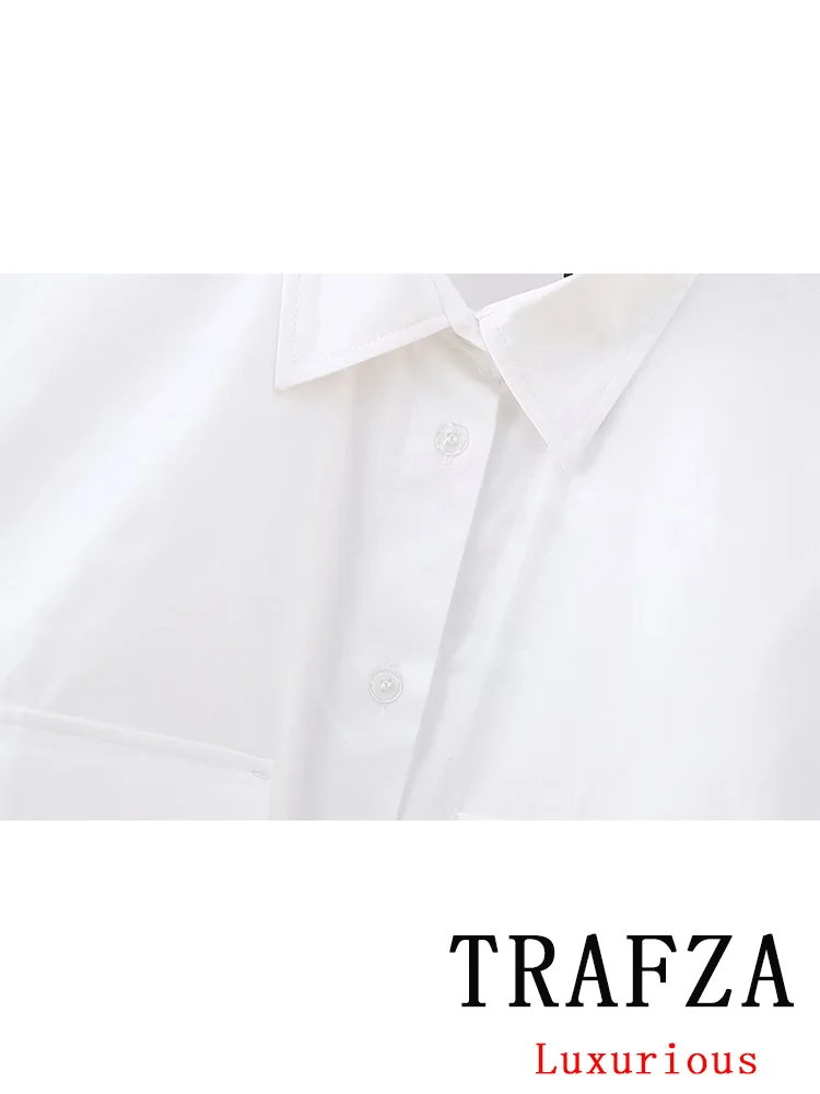 TRAFZA Causal Chic Women Blouse Solid Long Sleeve Single Breasted Pockets Short Blouse Fashion 2024 Spring Female Shirts Tops