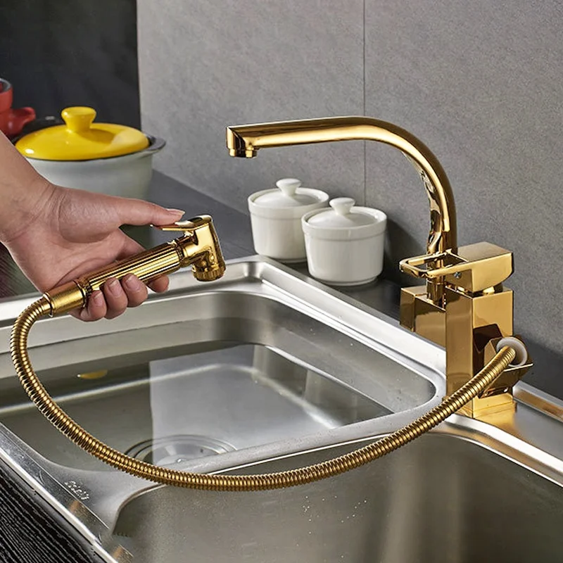 Classic Single Hole water tap Pull Down Kitchen Golden Faucet with bidet Spray Gun