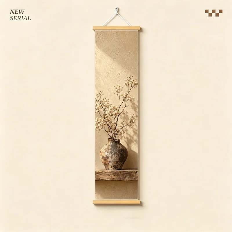 Wall Art Dried Baby Breath and Dried Rose, Wabi-Sabi Silver Shimmer Canvas Hanging Scroll for Meditation Room Home Decor