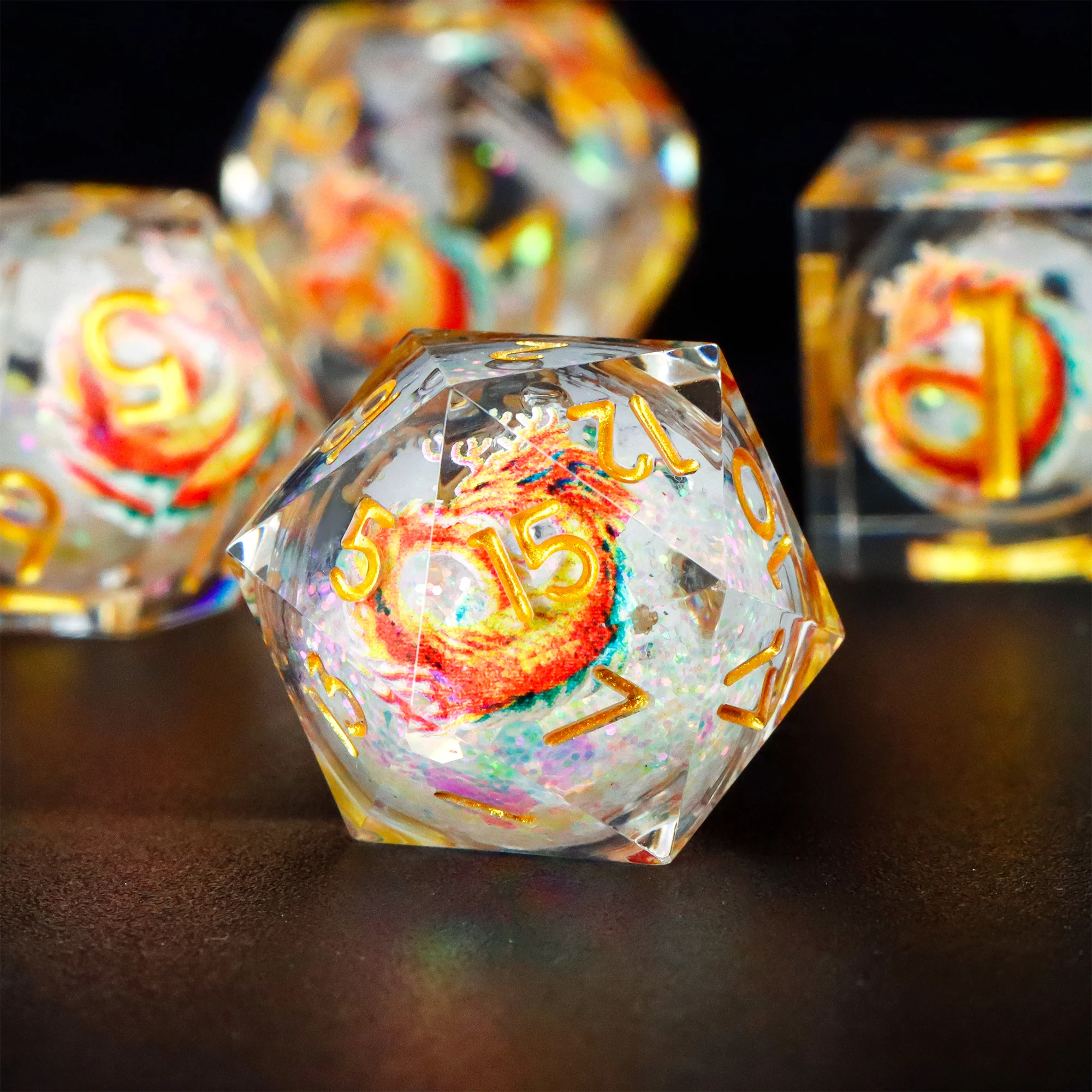 

7Pcs Dragon Pattern Liquid Core Dice Set Sharp Edge White Resin D&D Role Playing Game Dice for Dungeons And Dragons