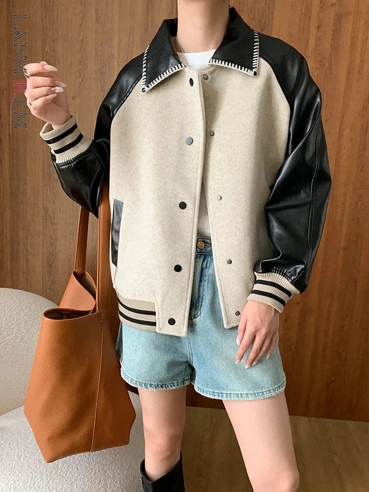 

[LANMREM] Spliced Contrast Color Jackets For Women Long Sleeve Single Breasted Casual Loose Coat Fashion 2024 Autumn New 26D9942