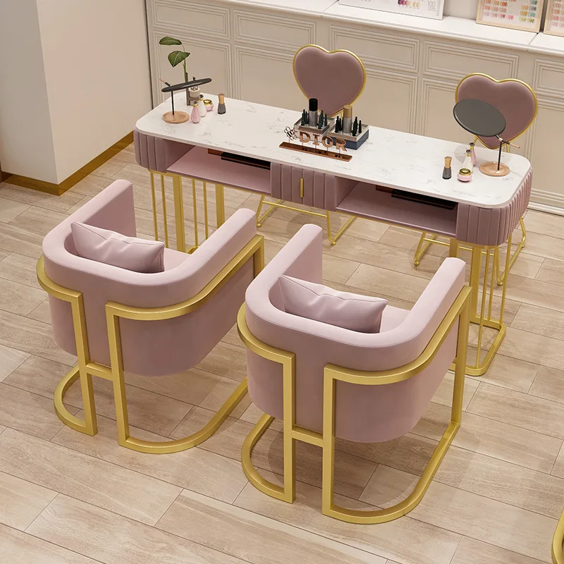 

Stylish Nordic Iron Manicure Table and Chair Set Modern Double-Layer Marble for Salon Nail Salon or Living Room