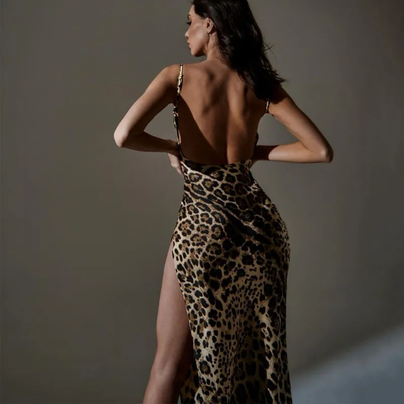 Leopard Zebra Printed Bodycon Spaghetti Strap Dresses For Women Sexy Backless Slim Slit Dress Lady Chic Party Night Club Vestido