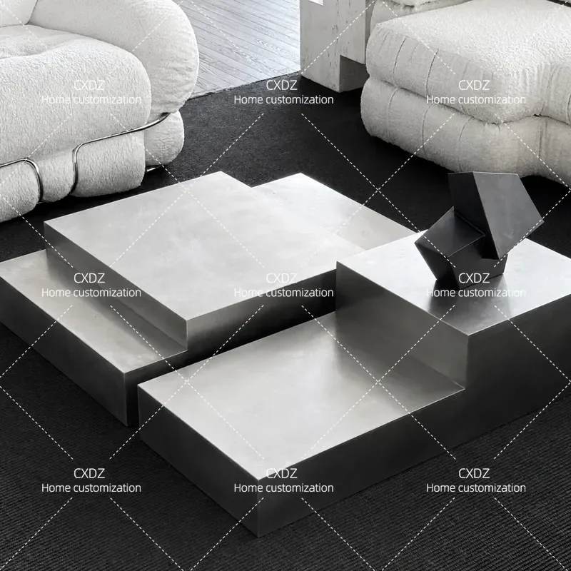 Nordic Retro Geometric Stainless Steel Coffee Table Square Metal Texture Living Room Furniture Modern Minimalist Side Table