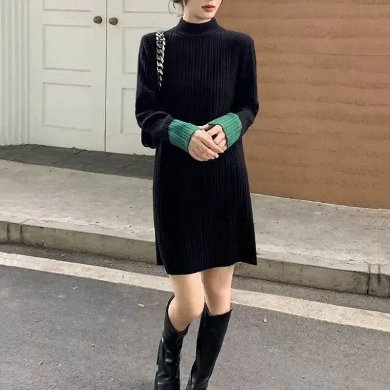 

Вязаное женское платье с полувысоким воротником, осень-зима, свободные платья длиной до колена с длинными рукавами, новая уличная одежда, универсальное платье-свитер