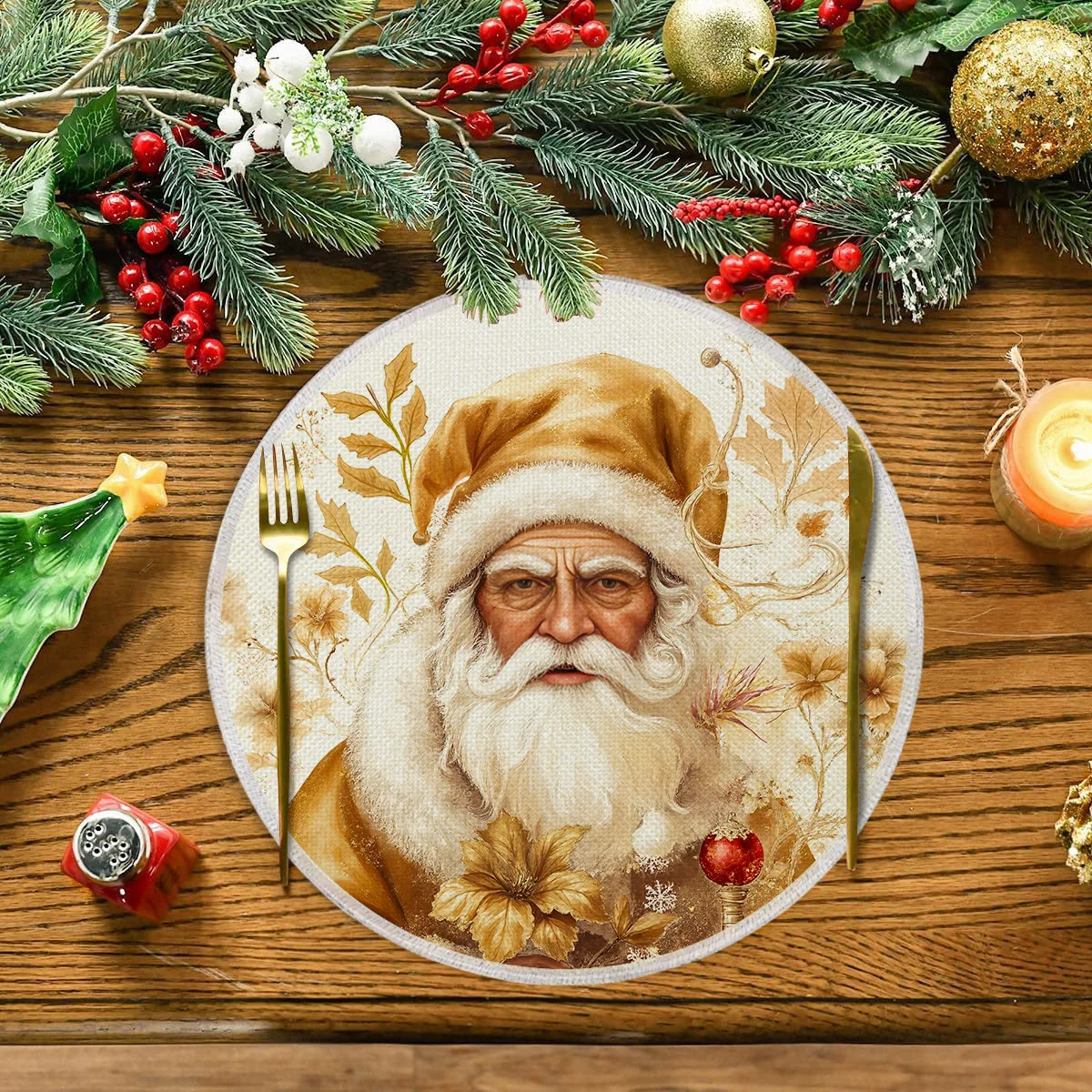 VIKAMA vintage deep green christmas tree round placemat 15 inch 38cm dining table mat non slip waterproof heat resistant